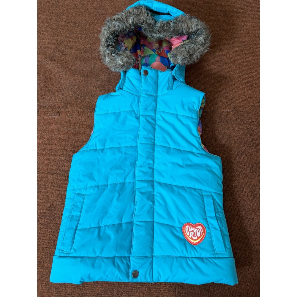 Burton Dryride Sugar & Spice Girls Blue Puffer Vest Faux Fur Hood Size M 7/8